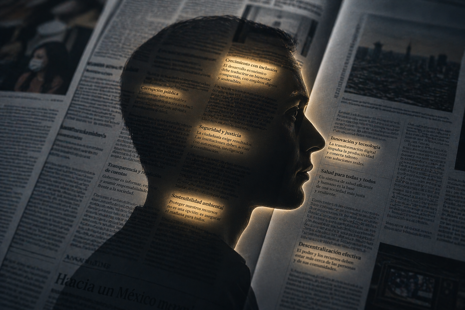 Silueta con fragmentos de texto resaltados