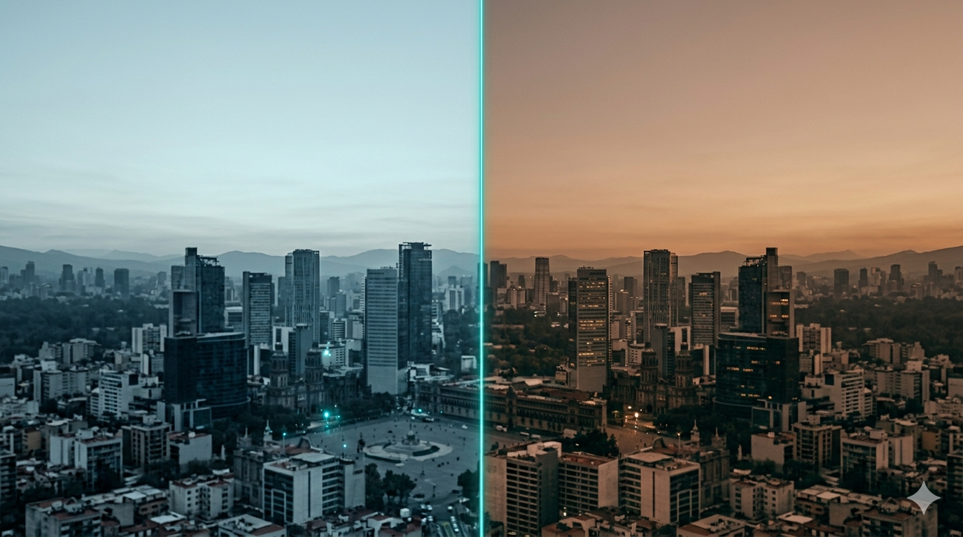 Misma ciudad al amanecer y al atardecer